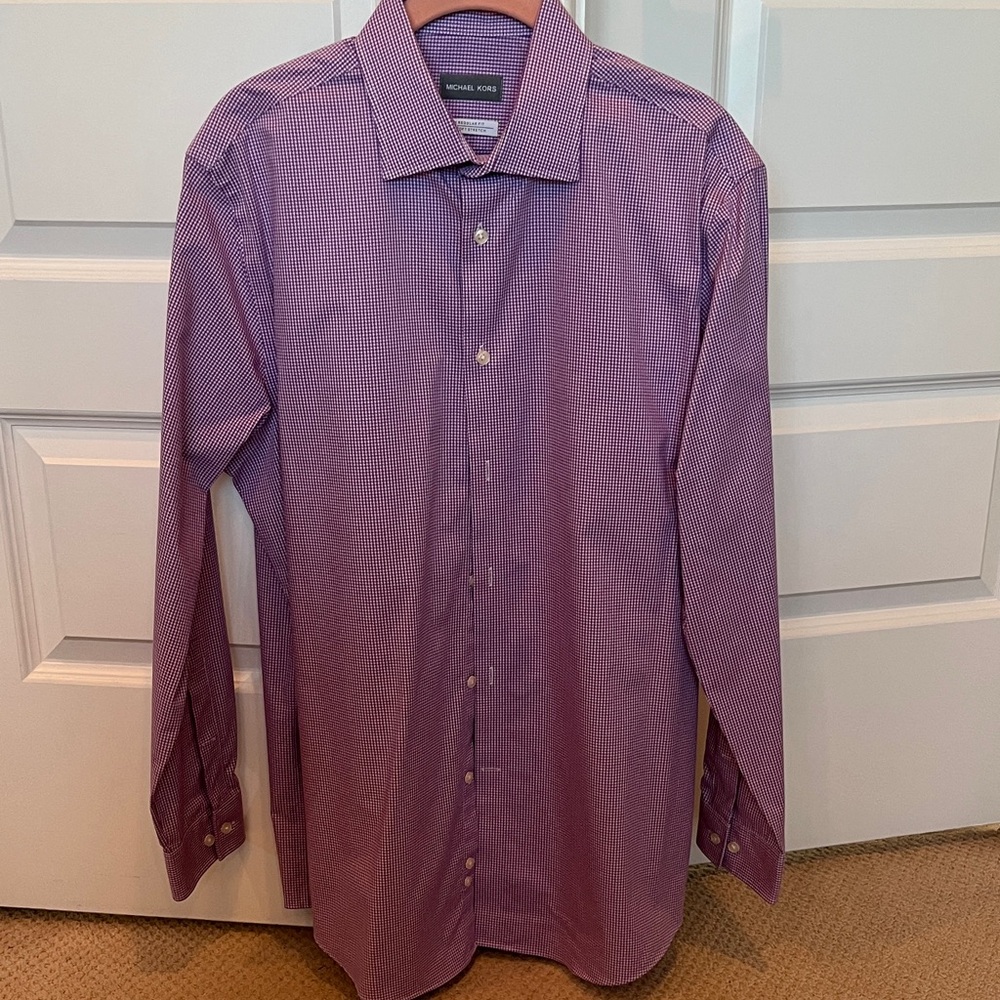 Michael Kors Men’s Regular Fit Purple Checkered Dress Shirt Size 16 32/33